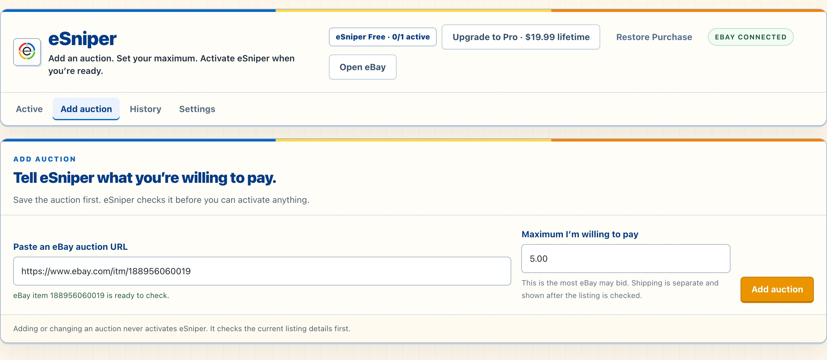 eSniper Add Auction form with a public eBay item URL and a $5.00 maximum filled in before saving.