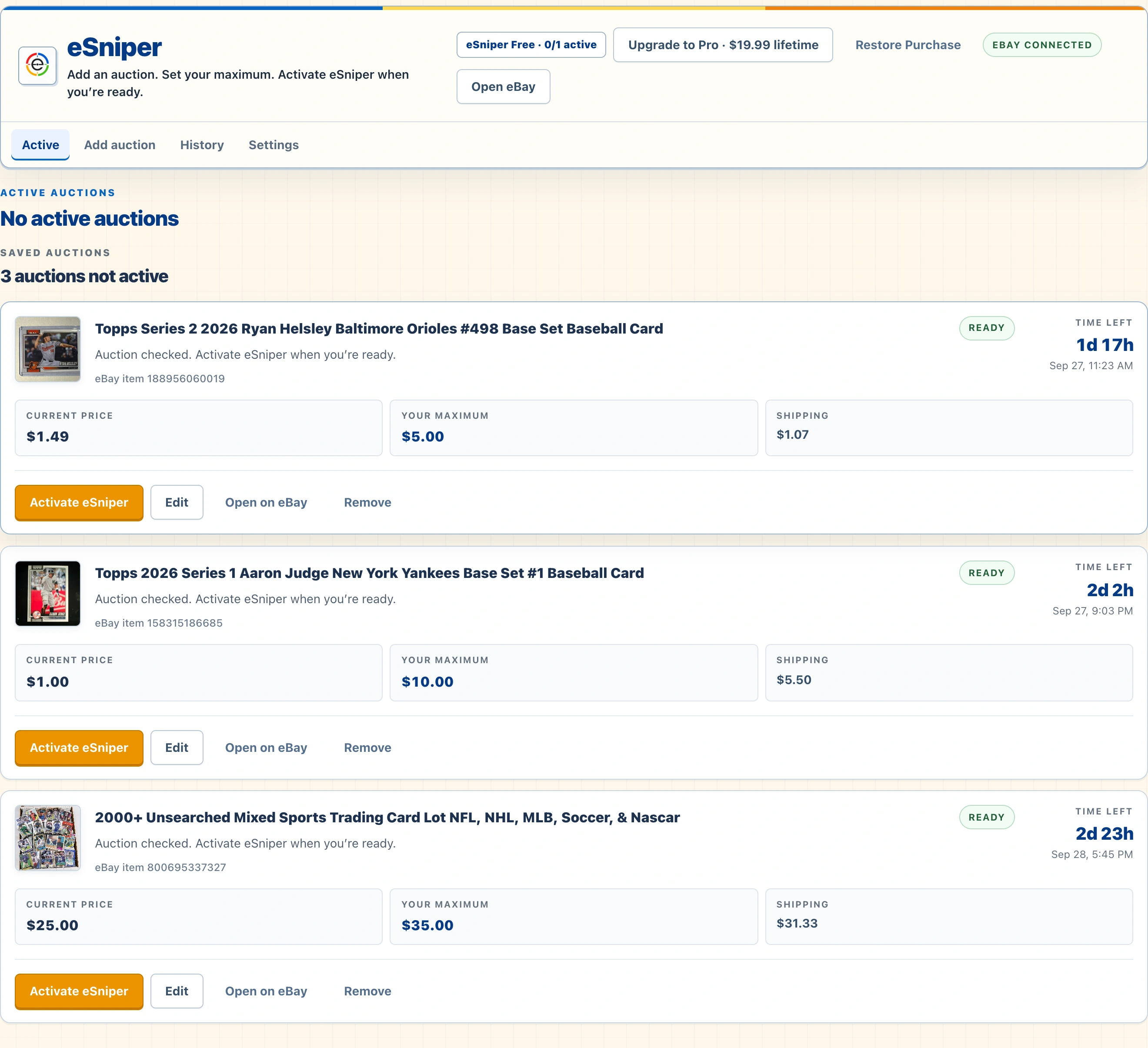 eSniper showing three saved public auctions marked READY, a connected eBay session, and zero active auctions.